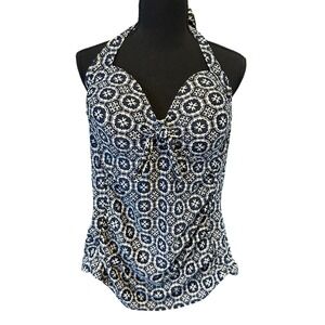 Merona Womens XL Navy Blue White Medallion Halter Tankini Swim Top Ruching